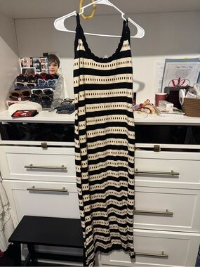 Stitch & Feather Black and Cream Striped Knit Midi Dress
